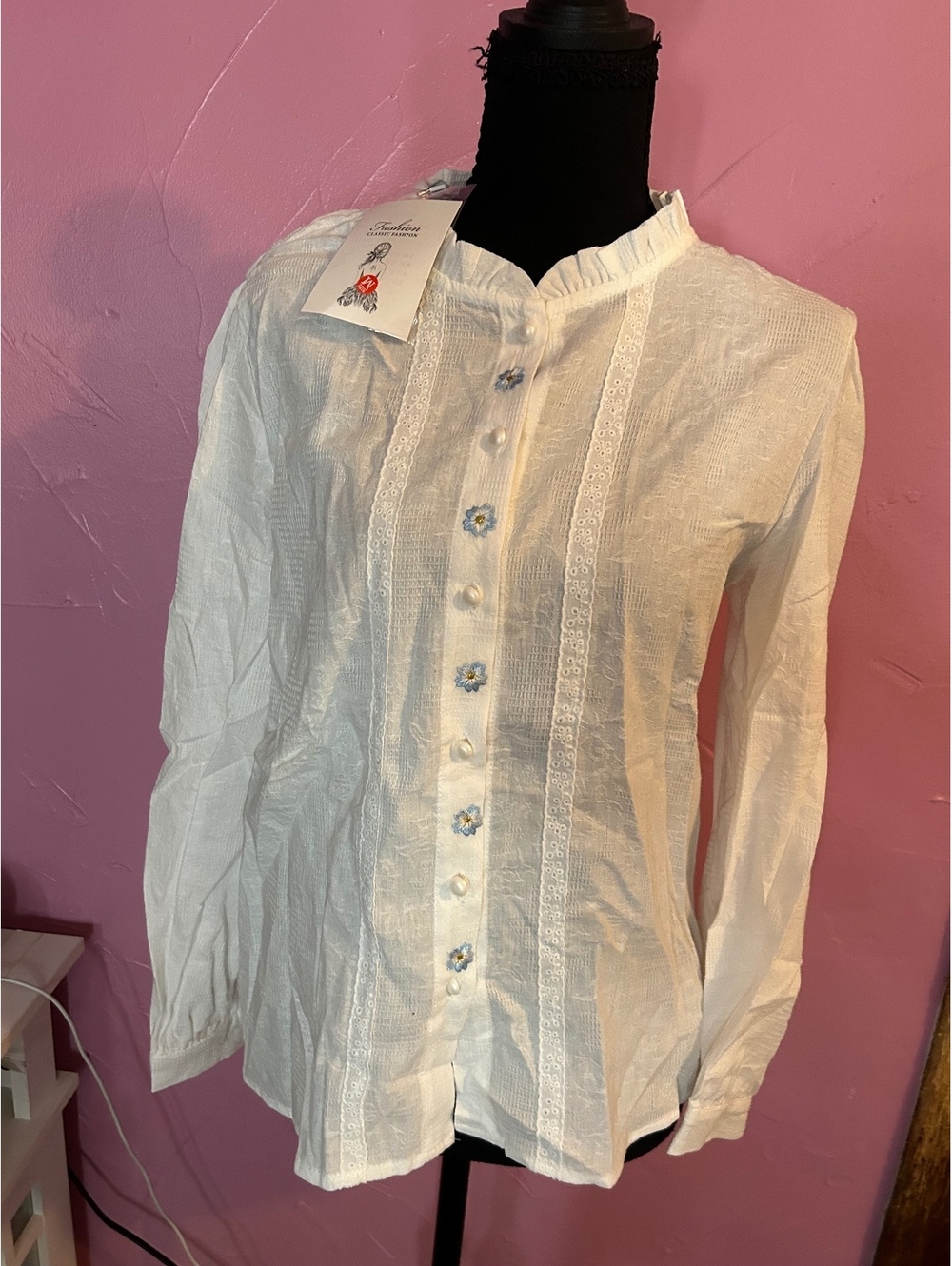 Elegant White Women's Blouse with Floral Embroidered Buttons and Lace Detailing,